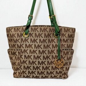 Michael Kors Tote Signature Jet Set Bag Brown Green Khaki Jacquar Gold Hardware